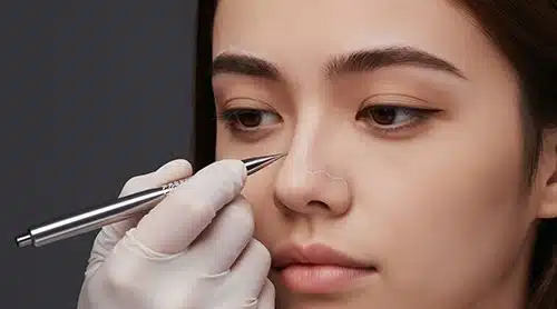 Surgeon marking a woman's nose with white surgical lines before a rhinoplasty procedure.